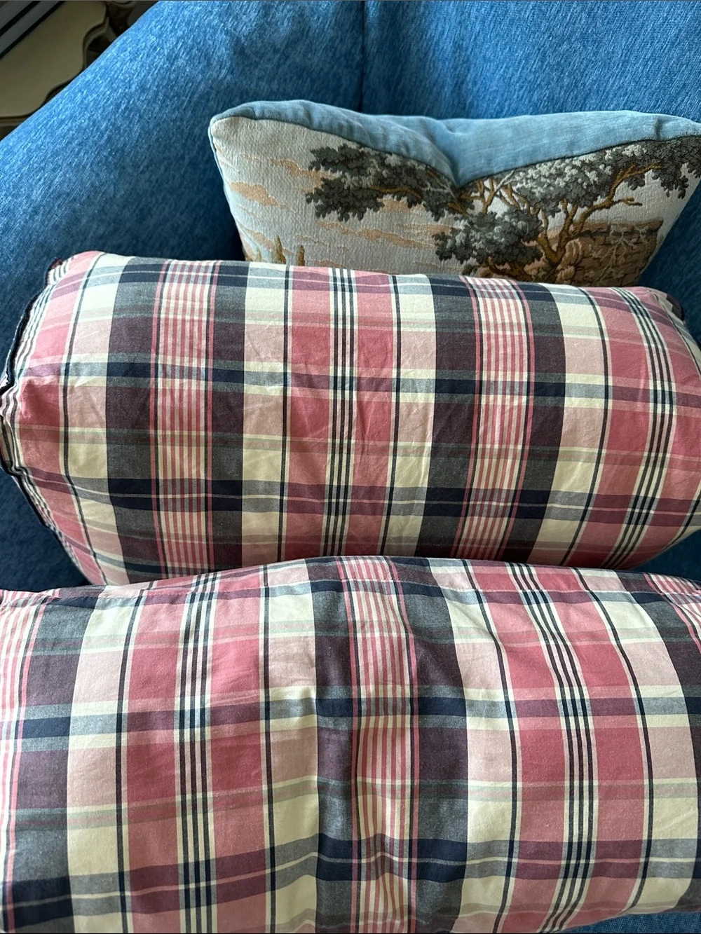 Ralph Lauren Pink & Navy Plaid Decorative Pillows with RL Monogram Set of 2